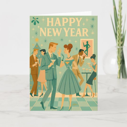 Mid Century Happy New Year The Martini Dance Kaart (Voorkant)