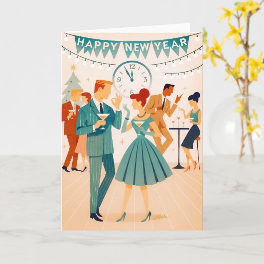 Mid Century Happy New Year The Martini Dance Kaart (Gele Bloem)