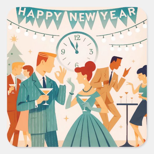 Mid Century Happy New Year The Martini Dance Vierkante Sticker (Voorkant)