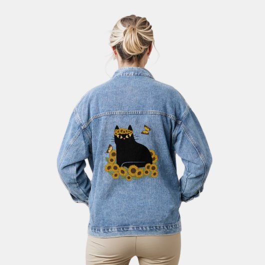 Mid Century hippie zwarte kat Denim Jacket (Model)