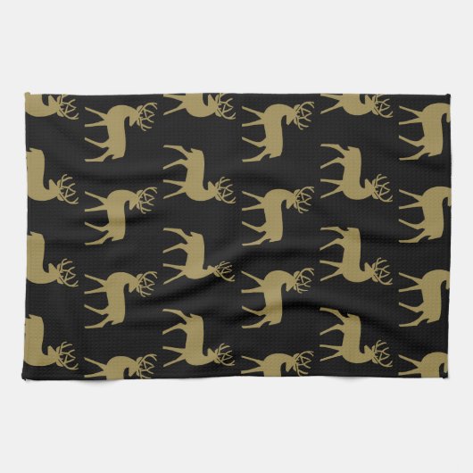 Mid Century Holiday Herten Patroon Zwart en Goud Theedoek (Horizontaal)