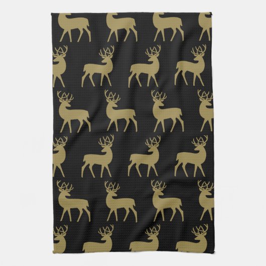 Mid Century Holiday Herten Patroon Zwart en Goud Theedoek (Verticaal)