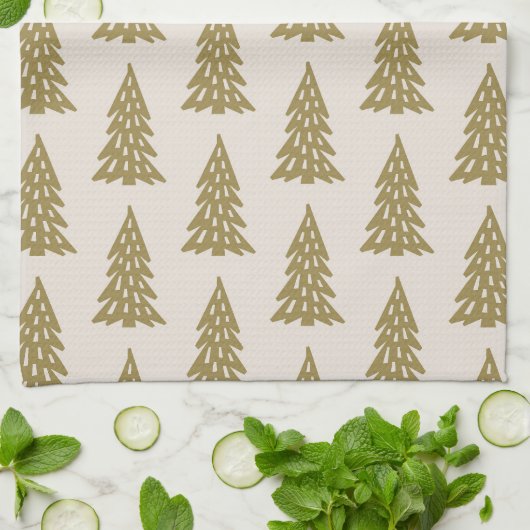 Mid Century Holiday Tree Patroon Goud Theedoek (Gevouwen)