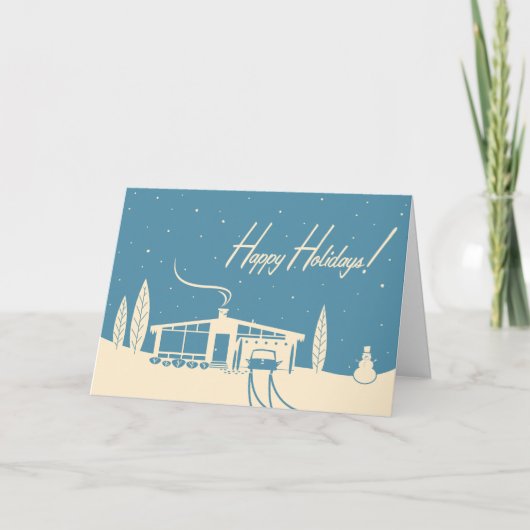 Mid-Century House Bewerkbare Kaart: Blauw Feestdagen Kaart (Voorkant)