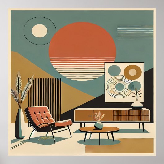 Mid Century Interieurontwerp Woonkamer bij Zonsopg Poster (Voorkant)