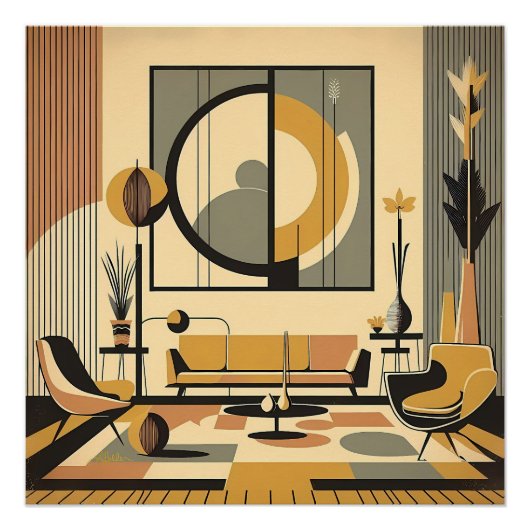 Mid Century Interior Design Autumn Hues Livingroom Perfect Poster (Voorkant)