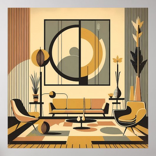 Mid Century Interior Design Autumn Hues Livingroom Poster (Voorkant)