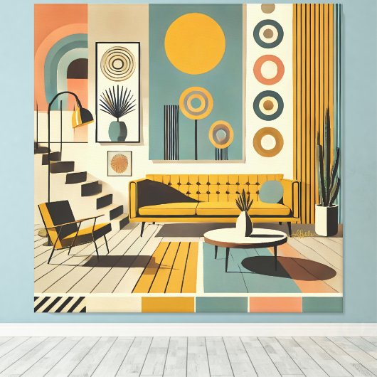 Mid Century Interior Design Desert Livingroom Canvas Afdruk (Insitu (Houten vloer))