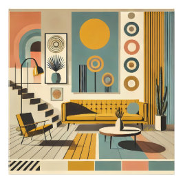 Mid Century Interior Design Desert Livingroom Foto Afdruk
