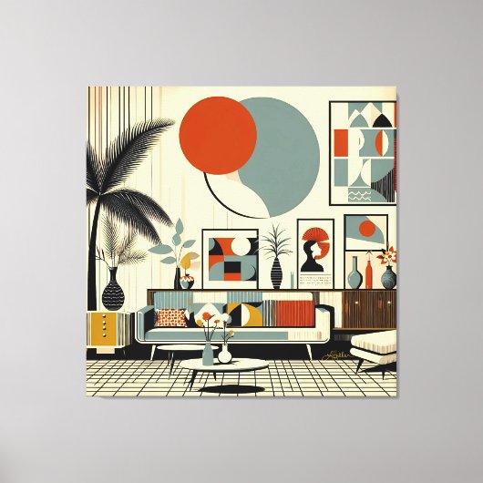 Mid Century Interior Design Eclipse Livingroom Canvas Afdruk (Voorkant)