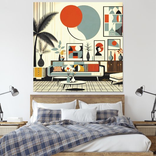 Mid Century Interior Design Eclipse Livingroom Canvas Afdruk (Insitu (Slaapkamer))