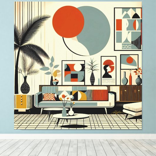 Mid Century Interior Design Eclipse Livingroom Canvas Afdruk (Insitu (Houten vloer))