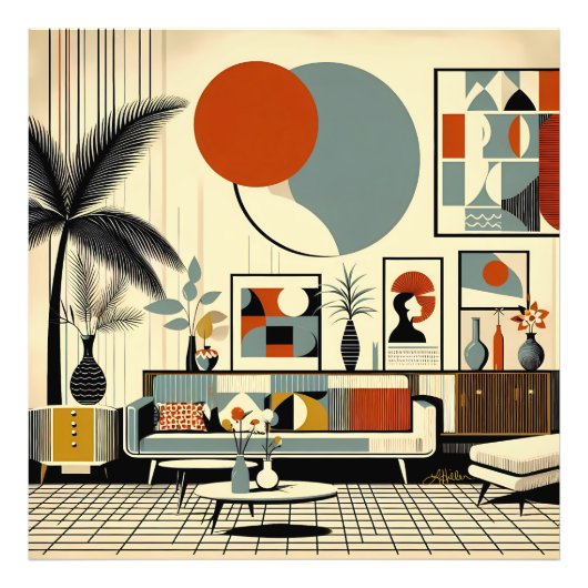 Mid Century Interior Design Eclipse Livingroom Foto Afdruk (Voorkant)