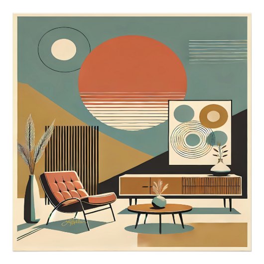 Mid Century Interior Design Sunrise Livingroom Foto Afdruk (Voorkant)