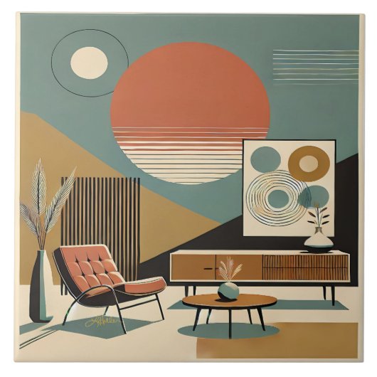 Mid Century Interior Design Sunrise Livingroom Tegeltje (Voorkant)