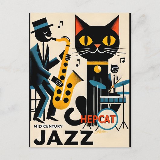 Mid Century Jazz Age HepCat Black Cat Briefkaart (Voorkant)