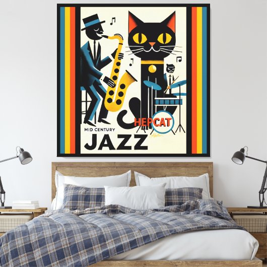 Mid Century Jazz Age HepCat Black Cat Canvas Afdruk (Insitu (Slaapkamer))