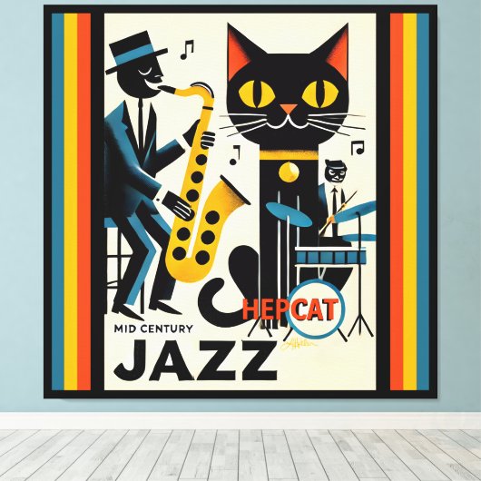 Mid Century Jazz Age HepCat Black Cat Canvas Afdruk (Insitu (Houten vloer))