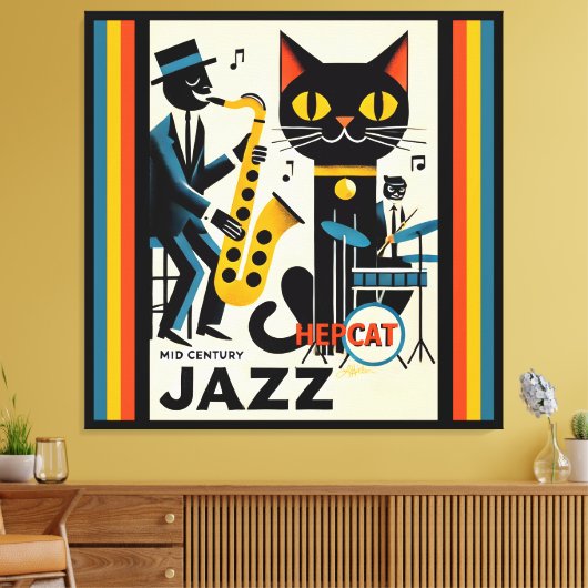 Mid Century Jazz Age HepCat Black Cat Canvas Afdruk (Insitu (Woonkamer))