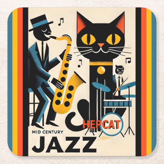 Mid Century Jazz Age HepCat Black Cat Kartonnen Onderzetters (Voorkant)