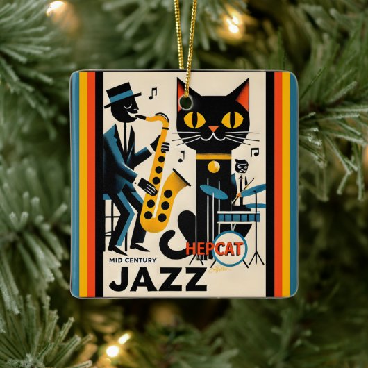 Mid Century Jazz Age HepCat Black Cat Keramisch Ornament (Boom)