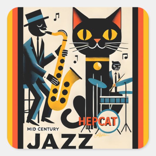 Mid Century Jazz Age HepCat Black Cat Vierkante Sticker (Voorkant)