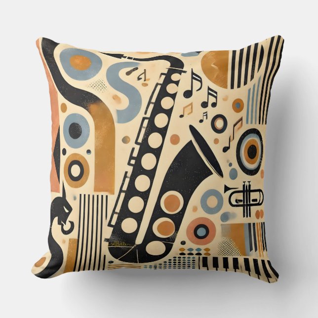 Mid Century Jazz Age Minimalist Art Saxofoon Kussen (Voorkant)