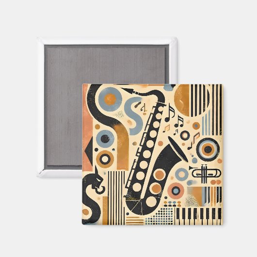 Mid Century Jazz Age Minimalist Art Saxofoon Magneet (Voorkant / Achterkant)