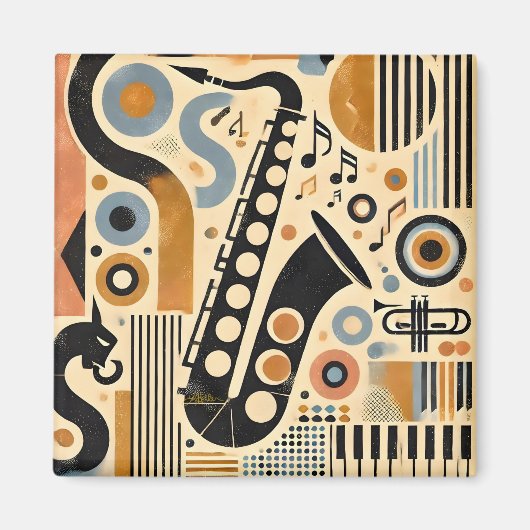 Mid Century Jazz Age Minimalist Art Saxofoon Magneet (Voorkant)