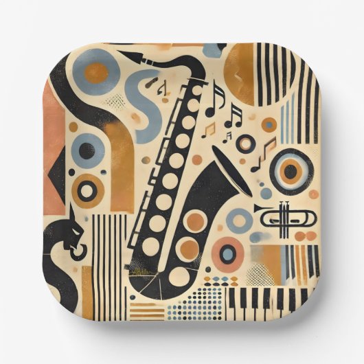 Mid Century Jazz Age Minimalist Art Saxofoon Papieren Bordje (Voorkant)