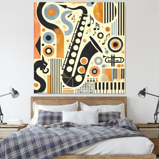 Mid Century Jazz Age Minimalist Art Saxophone Canvas Afdruk (Insitu (Slaapkamer))