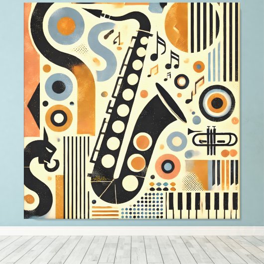 Mid Century Jazz Age Minimalist Art Saxophone Canvas Afdruk (Insitu (Houten vloer))