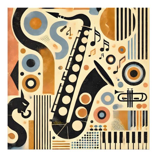 Mid Century Jazz Age Minimalist Art Saxophone Foto Afdruk (Voorkant)