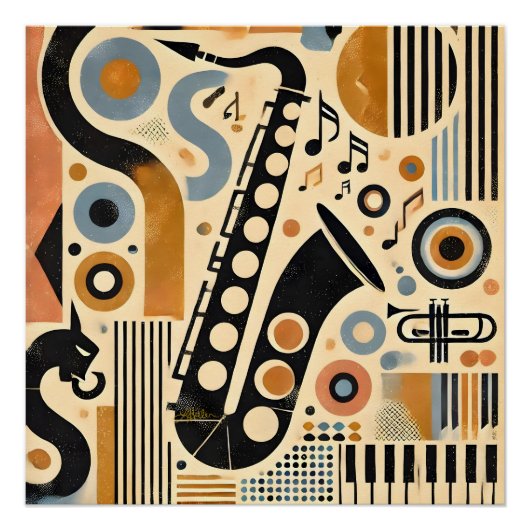 Mid Century Jazz Age Minimalist Art Saxophone Perfect Poster (Voorkant)