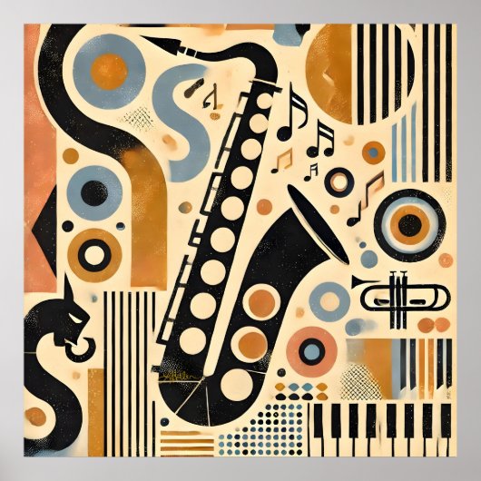Mid Century Jazz Age Minimalist Art Saxophone Poster (Voorkant)