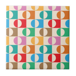 Mid Century Kleurrijke Cirkels op Pleinen Patroon Tegeltje