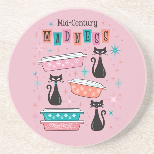 Mid-Century Madness Roze Starburst Pyrex Katten Zandsteen Onderzetter (Voorkant)