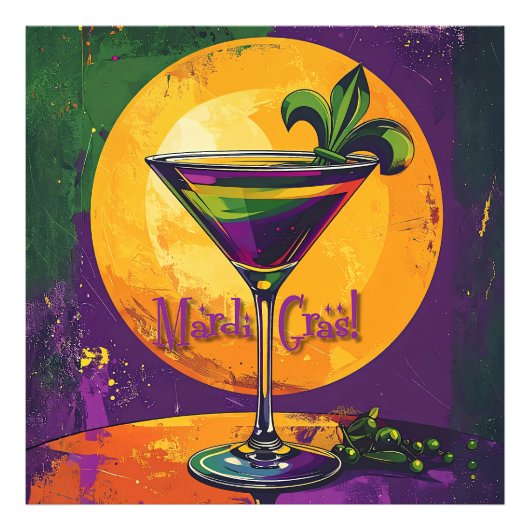 Mid Century Mardi Gras Sunset Fleur De Lis Martini Foto Afdruk (Voorkant)