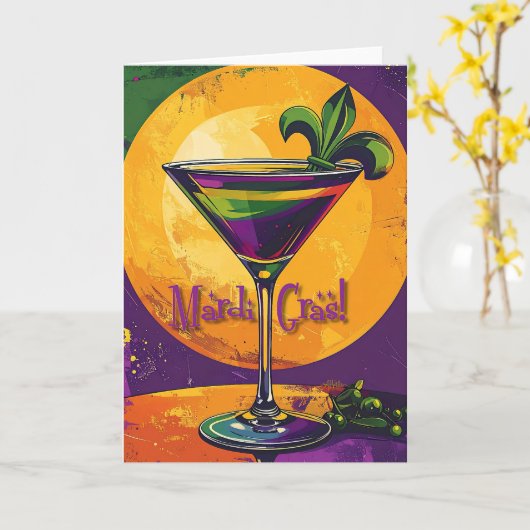 Mid Century Mardi Gras Sunset Fleur De Lis Martini Kaart (Gele Bloem)