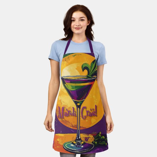 Mid Century Mardi Gras Sunset Fleur De Lis Martini Schort (Gedragen)