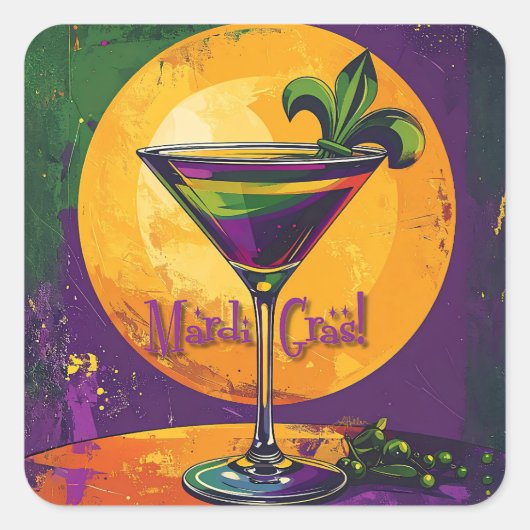 Mid Century Mardi Gras Sunset Fleur De Lis Martini Vierkante Sticker (Voorkant)