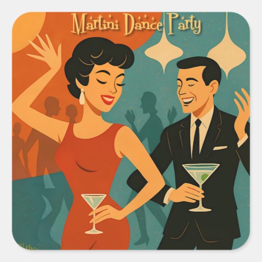 Mid Century Martini Feestje Vierkante Sticker (Voorkant)