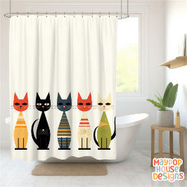 Mid Century Meow Retro Atomic Cats Roze Douchegordijn