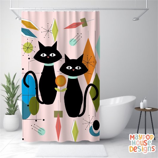 Mid Century Meow Retro Atomic Cats Roze Douchegordijn