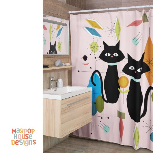 Mid Century Meow Retro Atomic Cats Roze Douchegordijn
