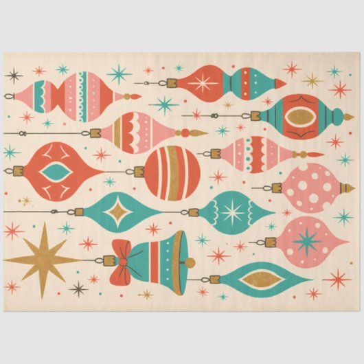 Mid-Century Merry Ornaments Retro Christmas Tissuepapier (Voorkant)