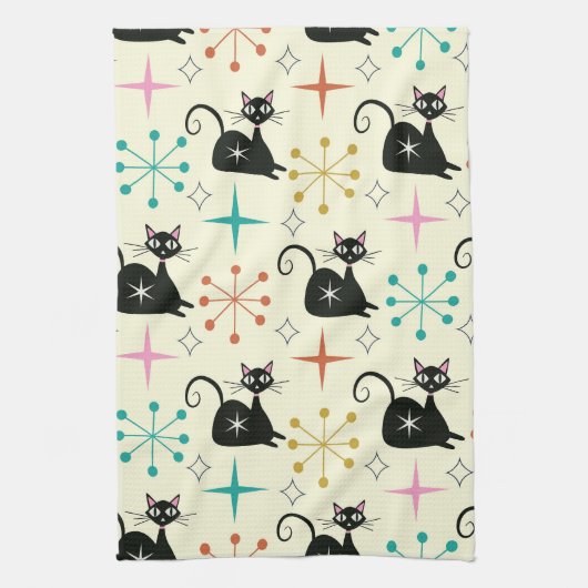 Mid Century Mod Atomic Cats with Retro Starbursts  Theedoek (Verticaal)