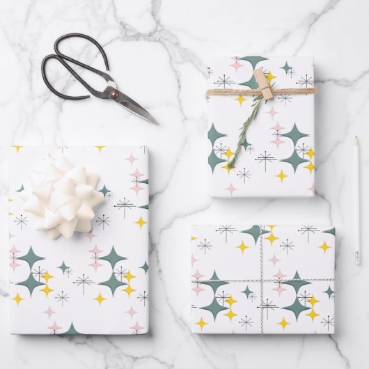 Mid Century Mod Diamonds Starbursts Pink Gold Blau Inpakpapier Vel (Voorkant)