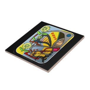 Mid Century Mod Garden Bee schilderij op een Tegeltje