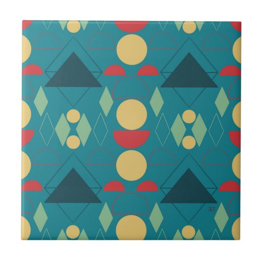 Mid Century Mod Geometric Turquoise Ceramic Tegel Tegeltje (Voorkant)